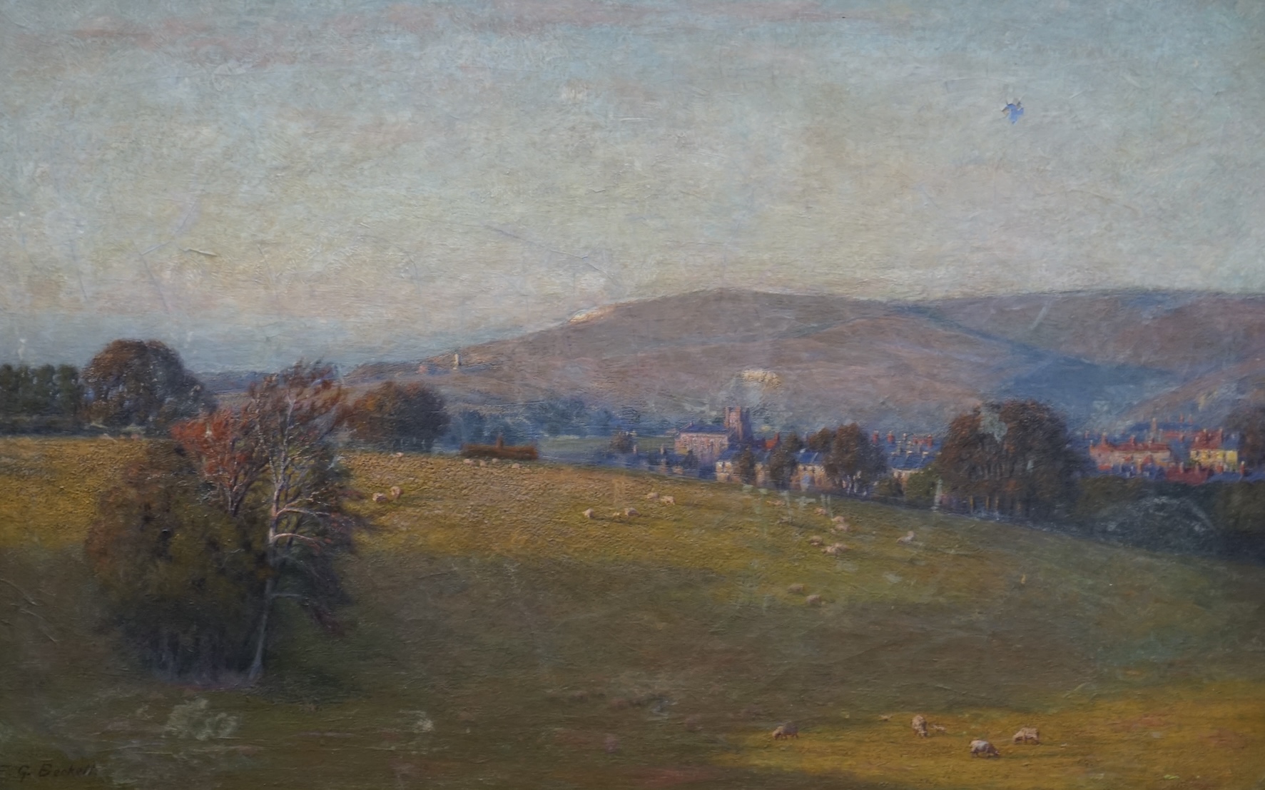 E G Beckett, oil on canvas, Extensive landscape with town before hills, signed, 48 x 75cm, ornate gilt framed. Condition - poor